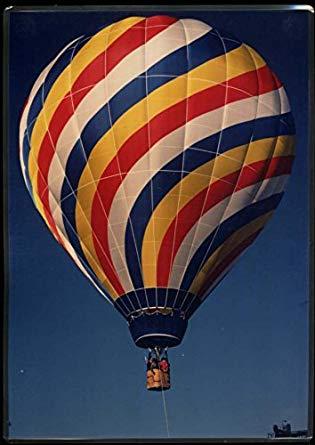 Orange Red Blue Yellow Airline Logo - Blue Yellow Red White striped hot-air balloon in flight 11x16