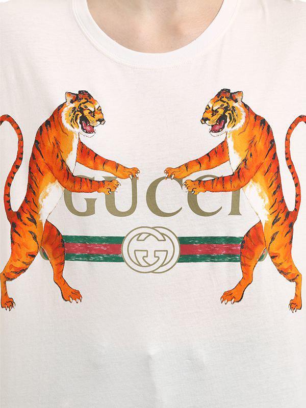 Gucci Tiger Logo - Gucci Logo & Tigers Printed Cotton T-shirt in White - Lyst