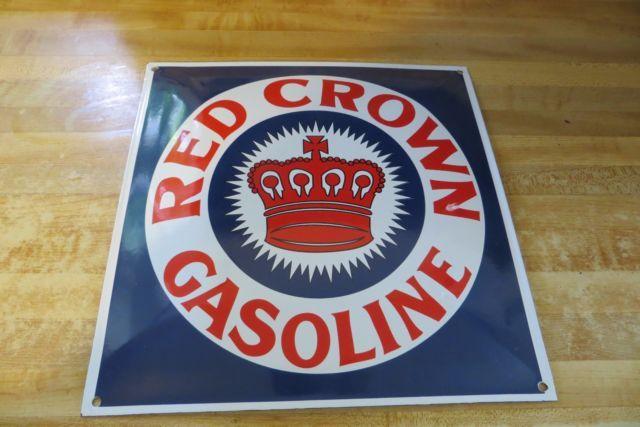 The Square Red Crown Logo - RED CROWN GASOLINE PORCELAIN SQUARE CURVED PUMP SIGN