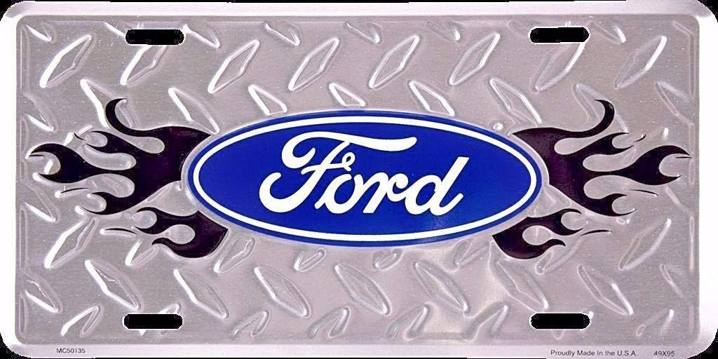 Blue Diamond Ford Logo - FORD LOGO DIAMOND LICENSE PLATE METAL BLACK FLAME EMBOSSED