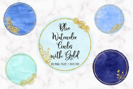 Gold and Blue Circle Logo - BUY 3 PAY FOR Blue watercolor circles with gold, brush strokes, glitter, abstract, logo design, sparkly floral, gold branding, download