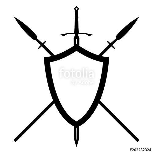 Black and White Spear Logo - Two Crossed Spears And A Long Sword Behind A Shield Illustration