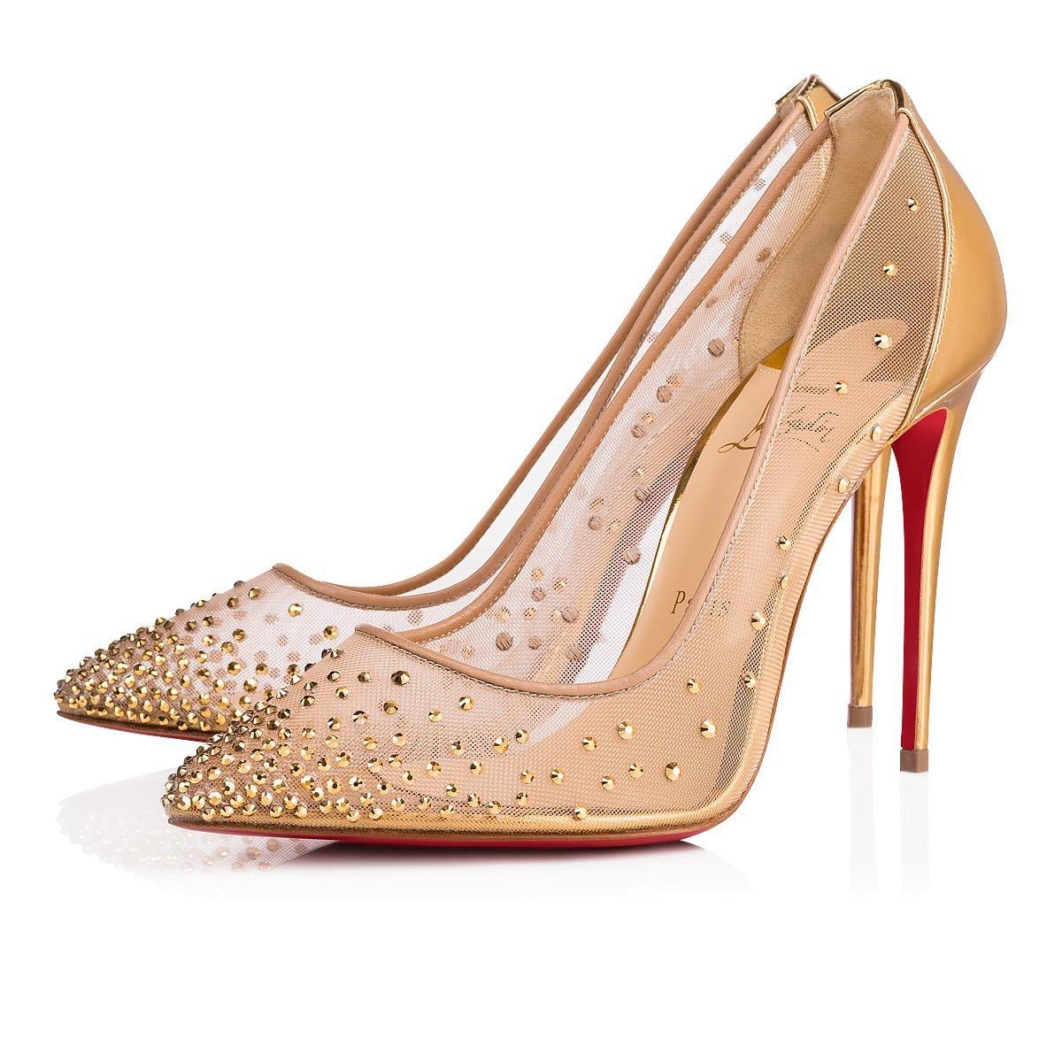 Gold Christian Louboutin Logo - FOLLIES STRASS 100 VERSION GOLD Dentelle - Women Shoes ...