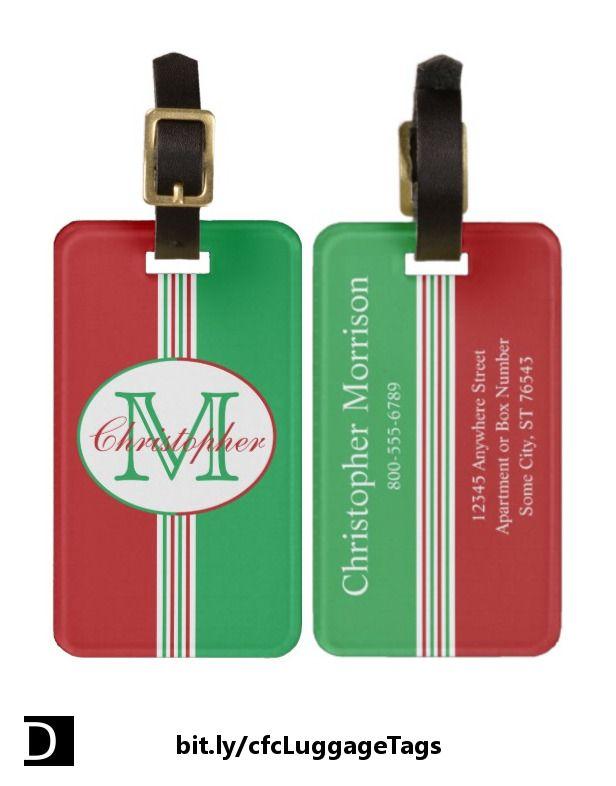 Five White's with Red Lines Logo - Red White and Green Monogram Centered Text Luggage Tag | Travel ...