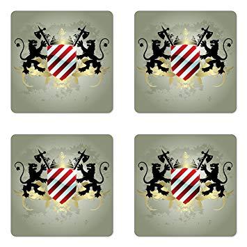 Drinks with Red Shield Logo - Lunarable Heraldry Coaster Set of Four, Ornamental