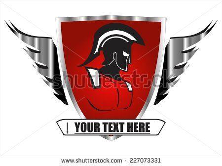 Red Shield Sports Logo - Knight on the winged red shield. Trojan warrior on the red shield