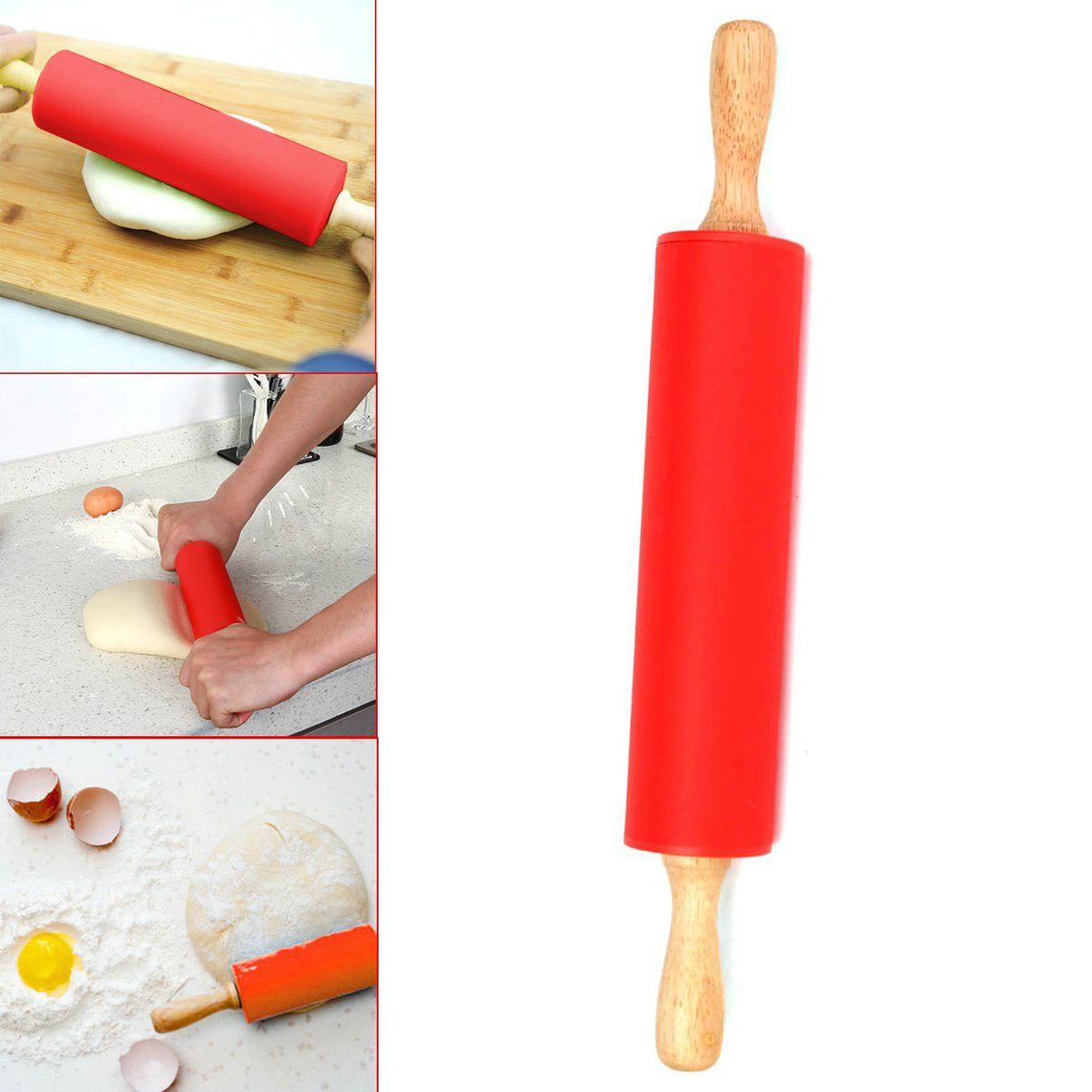 Red Rolling Pin Logo - 12″ Silicone Rolling Pin with Wooden Handles – ChadStore.co.uk