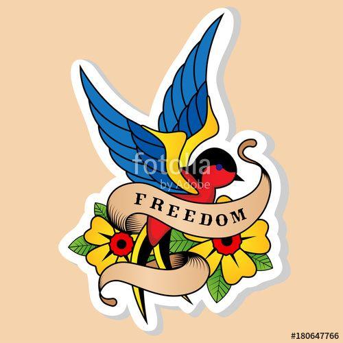 Red Bird School Logo - Sketch of old school tattoo. A sketch of a blue-red bird, swallow ...