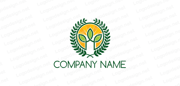 Sun Circle Logo - leaves inside circle with sun rays and laurel wreath. Logo Template