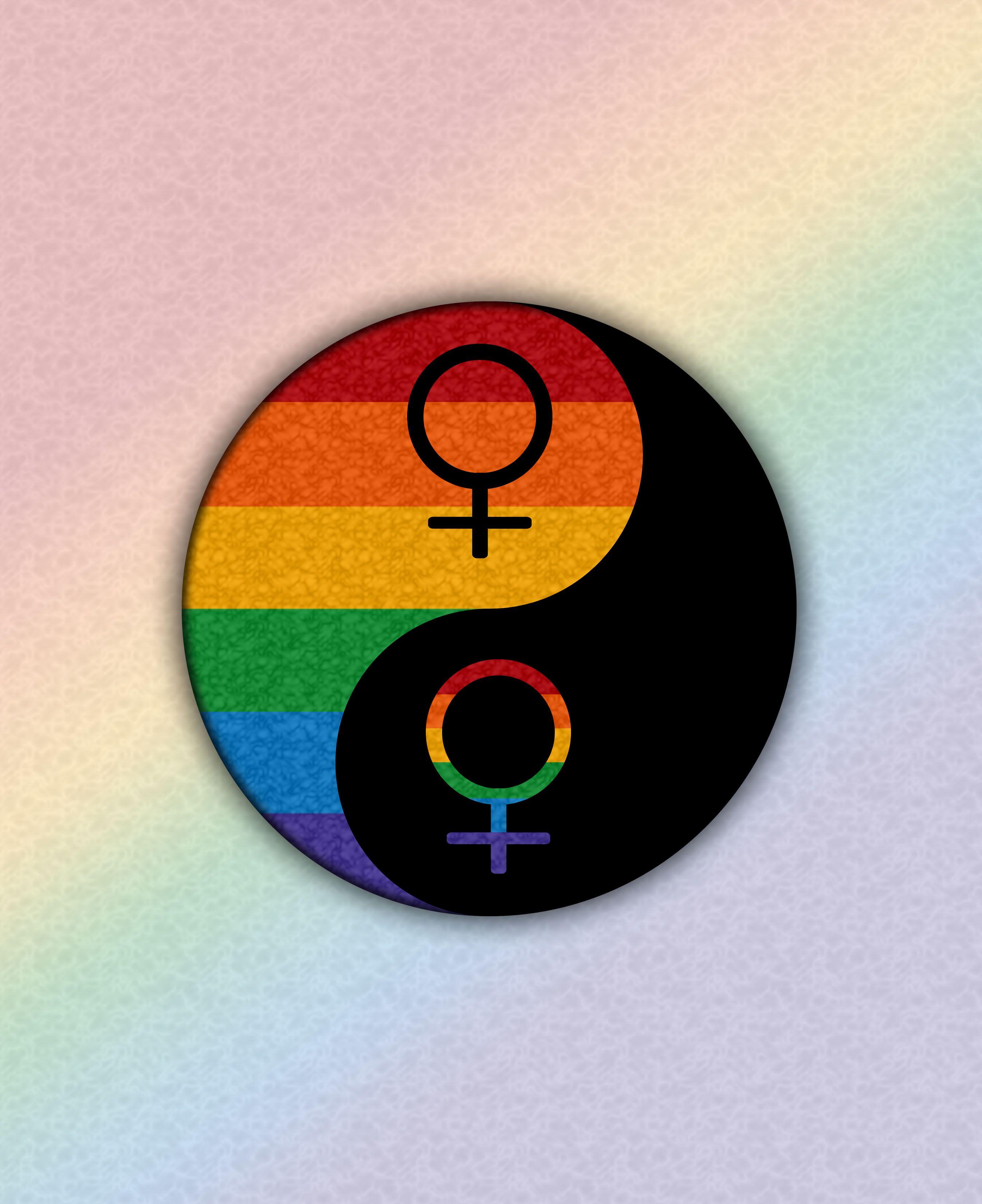 Rainbow Orange Red Circle Logo - Rainbow colored Lesbian pride yin and yang with male gender symbols