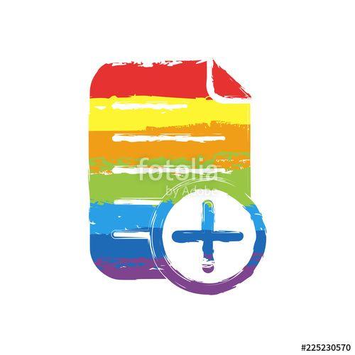 Rainbow Orange Red Circle Logo - add document icon, paper and plus in circle. Drawing sign with LGBT