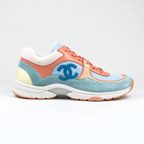 Light Blue and White Logo - Chanel CC Logo Coral, Light Blue And White Suede Sneaker – Crepslocker
