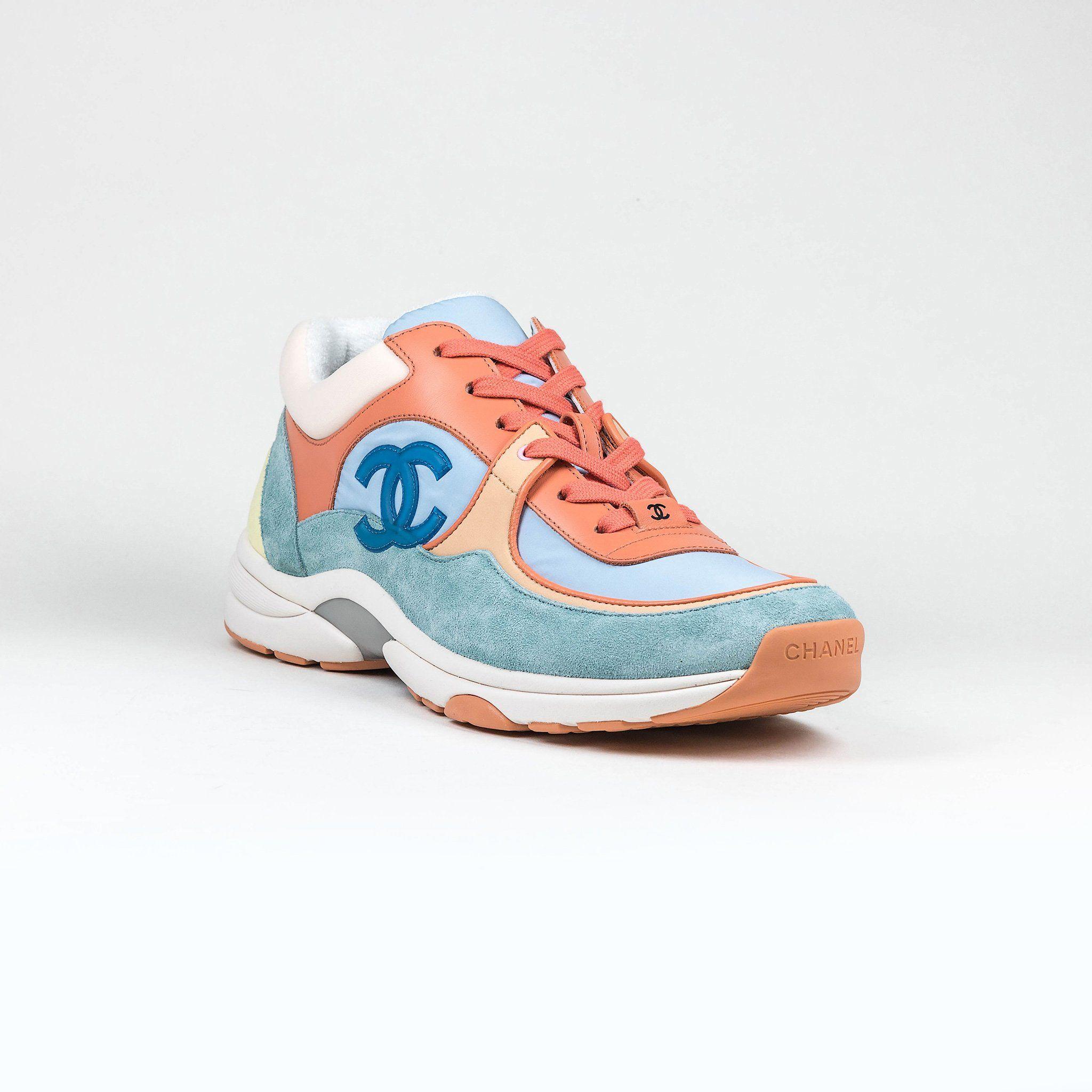 Light Blue and White Logo - Chanel CC Logo Coral, Light Blue And White Suede Sneaker – Crepslocker