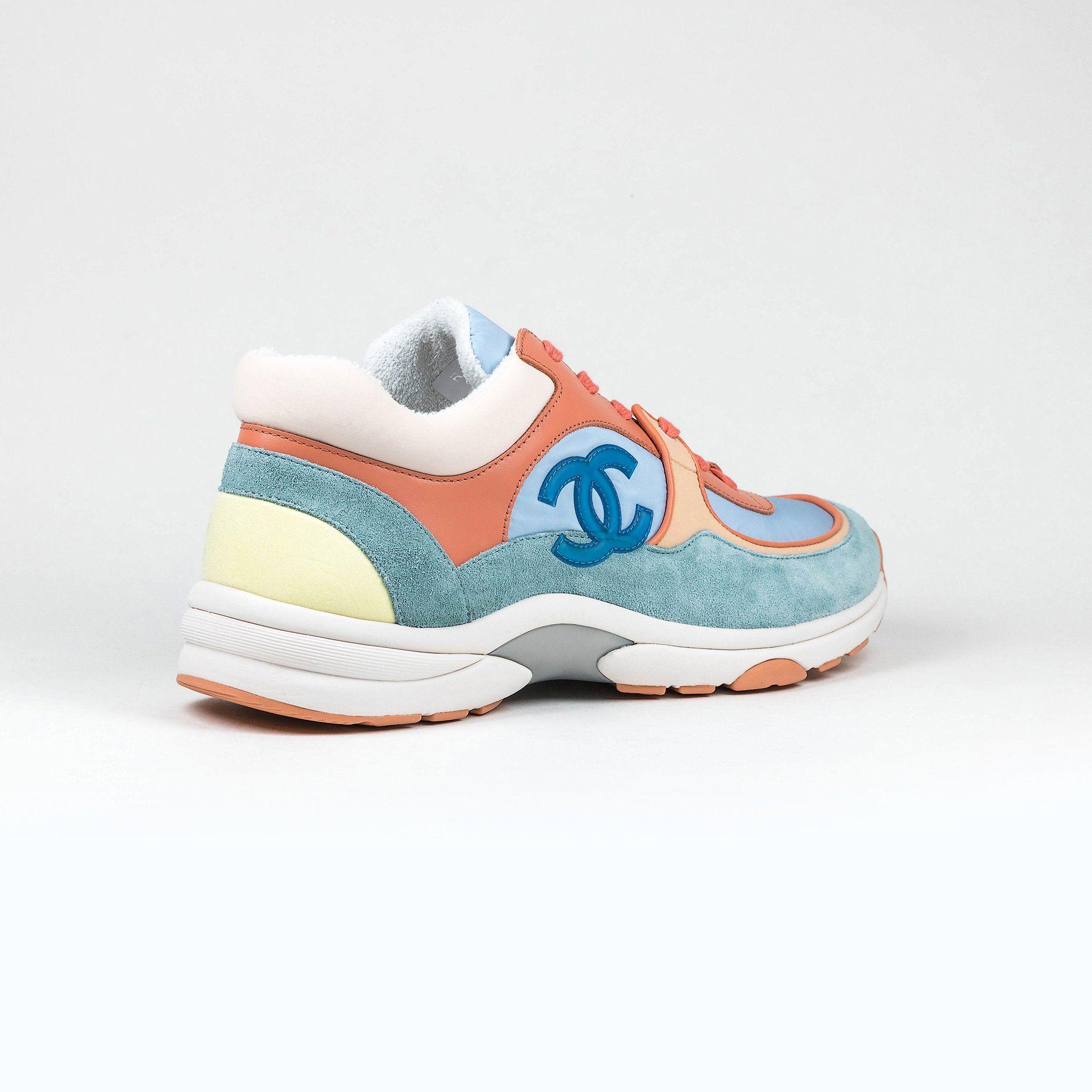 Light Blue and White Logo - Chanel CC Logo Coral, Light Blue And White Suede Sneaker – Crepslocker