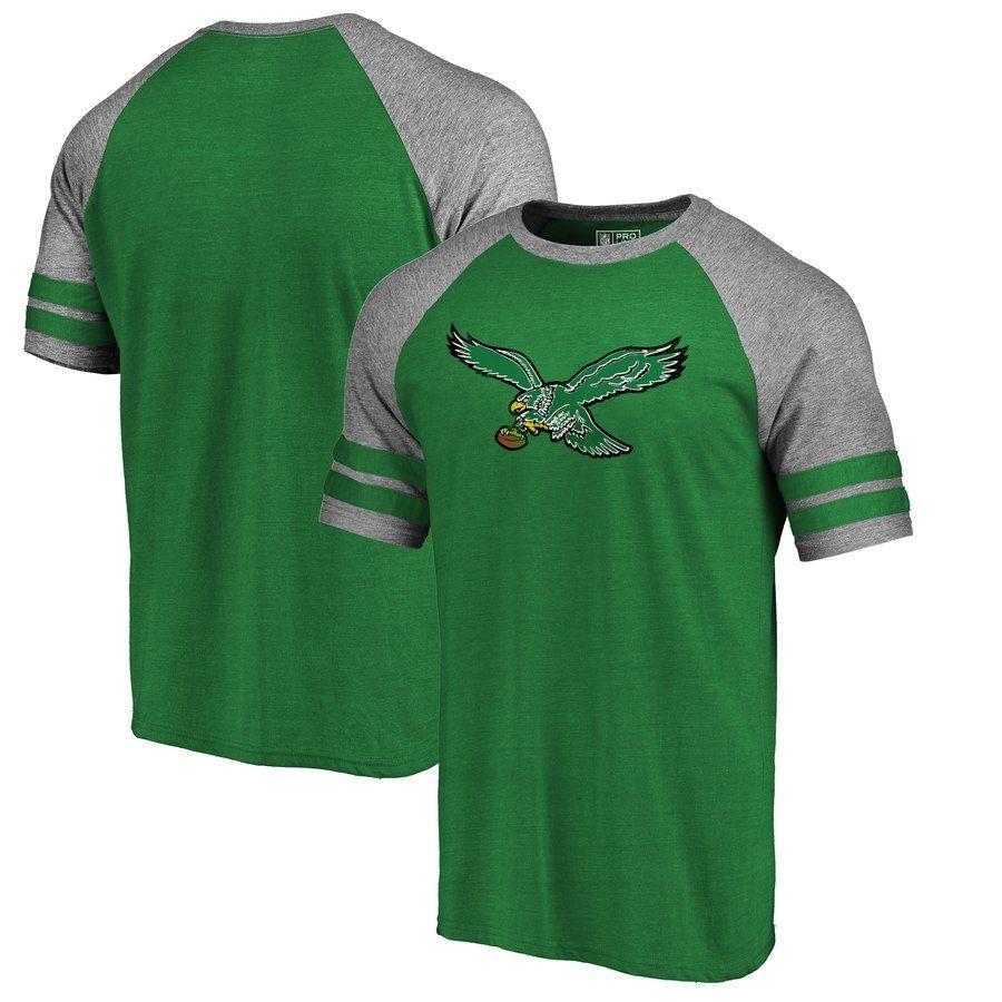 Kelly Green Eagles Logo - Men's Philadelphia Eagles NFL Pro Line by Fanatics Branded Heathered Kelly  Green/Heathered Gray Throwback Logo Raglan Tri-Blend T-Shirt