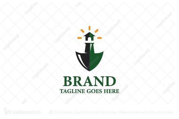Green and Orange Shield Logo - Playful logo of a stylized shield that has a lighthouse above with ...