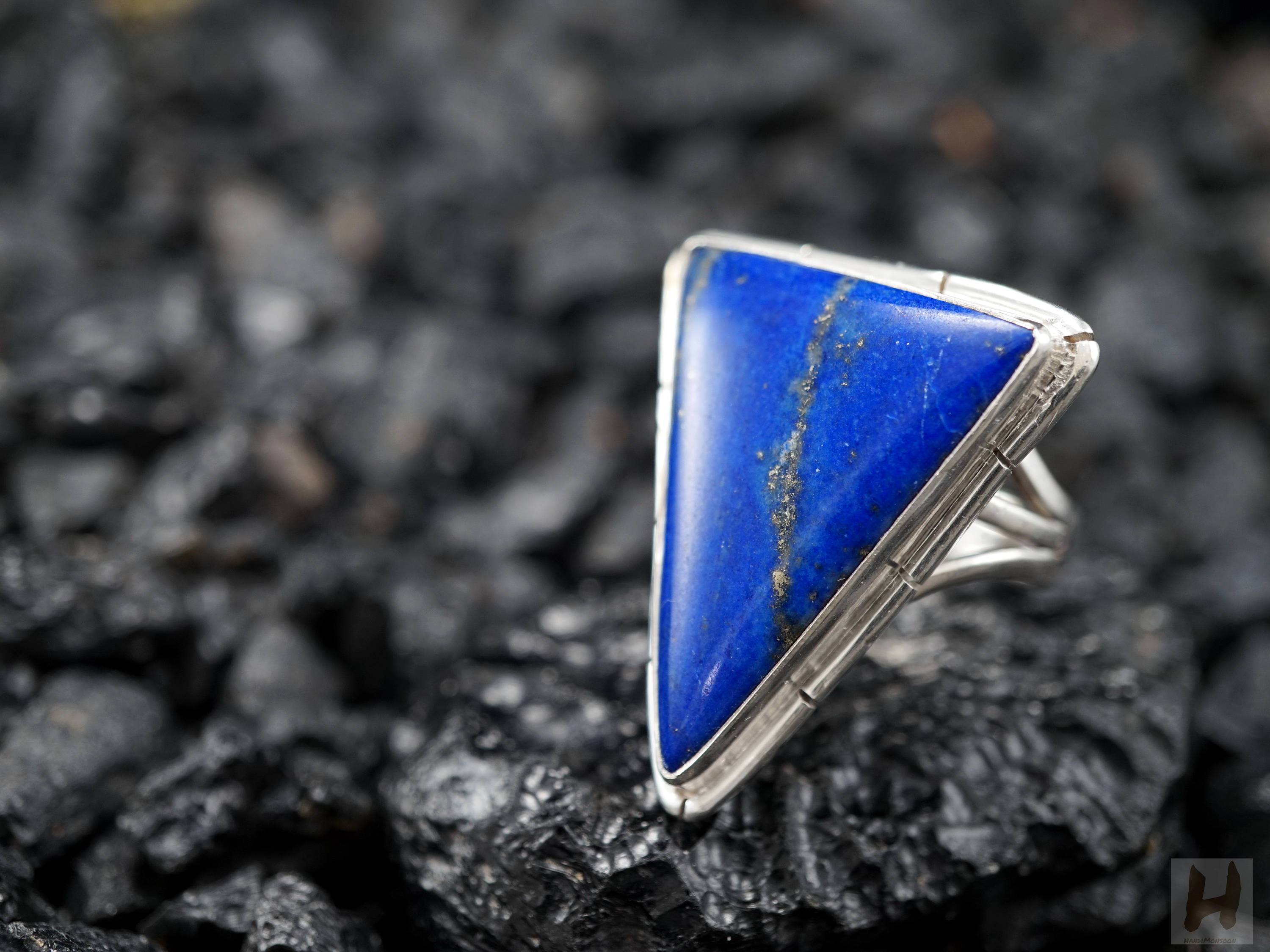 9 Blue Triangle Logo - Lapis Lazuli Sterling silver large ring Natural Blue Triangle shaped ...