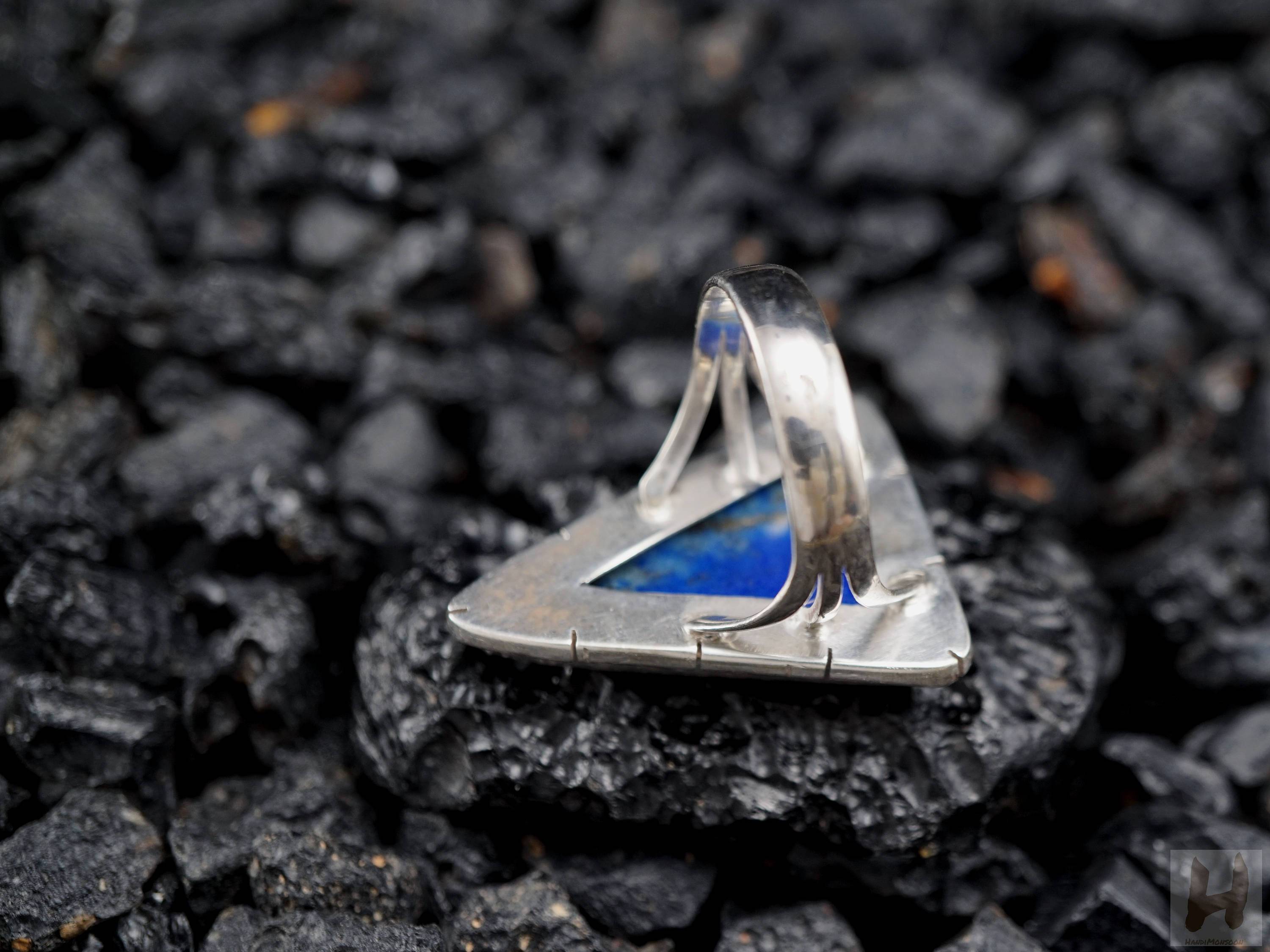 9 Blue Triangle Logo - Lapis Lazuli Sterling silver large ring Natural Blue Triangle shaped ...