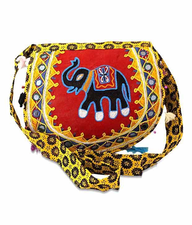 Red and Yellow B with Crown Logo - Desi Crown Red & Yellow Elephant Embroidered Sling Bag - Buy Desi ...