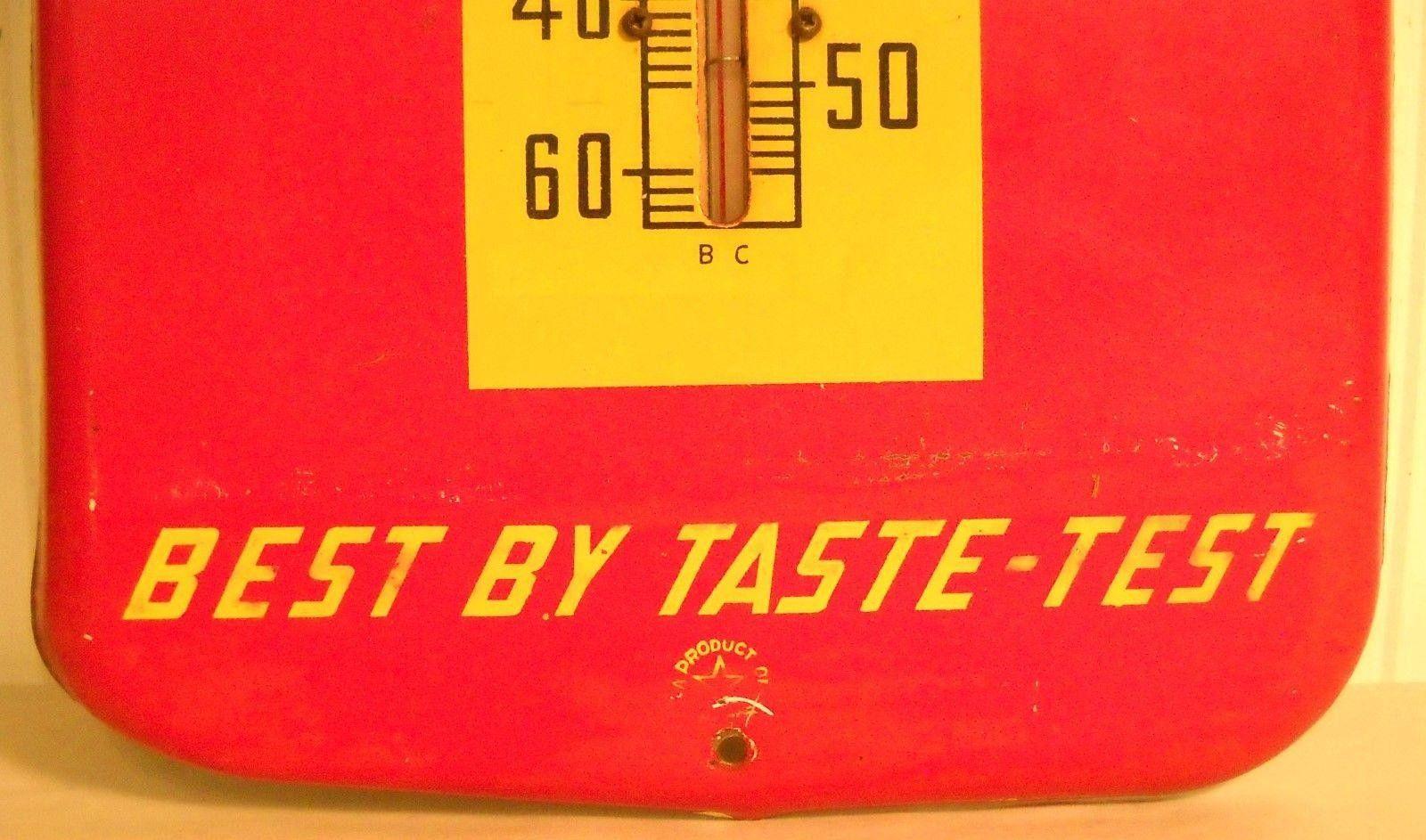 Red and Yellow B with Crown Logo - VINTAGE ROYAL CROWN COLA TIN THERMOMETER YELLOW ARROW ON RED ...