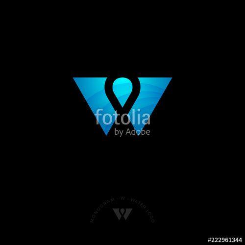 Blue Letter w Logo - W monogram. Water logo. Blue letter with drop, isolated on a dark ...