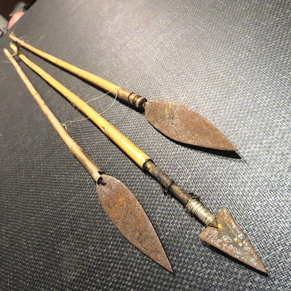 Arrow Spear Logo - Vintage bamboo arrow spear primitive hunting lot 3. ANTIQUES AND