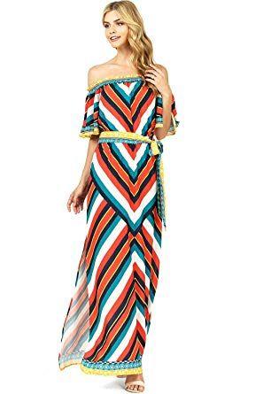 Flying Tomato Clothing Logo - Flying Tomato Women's Off Shoulder Bright Summer Stripes Maxi Dress