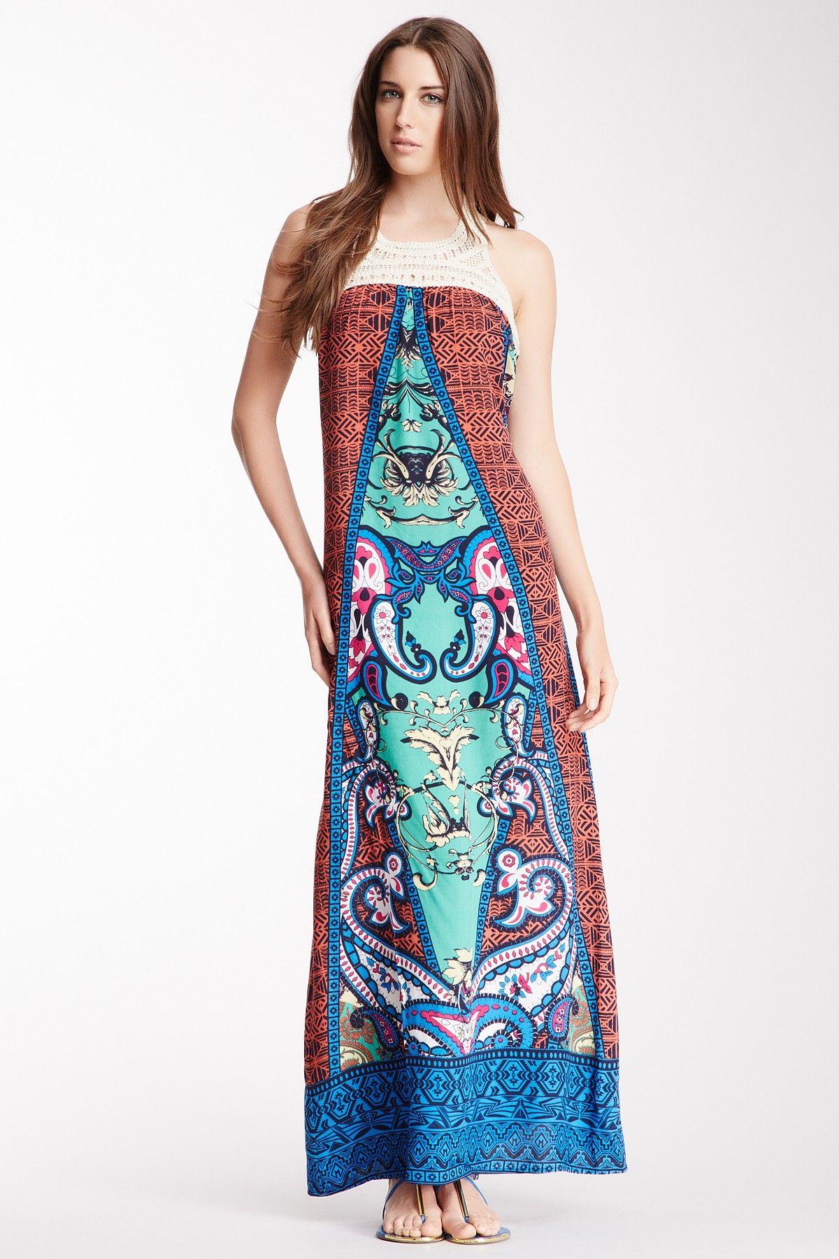 Flying Tomato Clothing Logo - Flying Tomato Crochet Printed Halter Maxi Dress