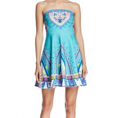 Flying Tomato Clothing Logo - Flying Tomato Women's Printed Strapless Bandeau Dress Turquoise |