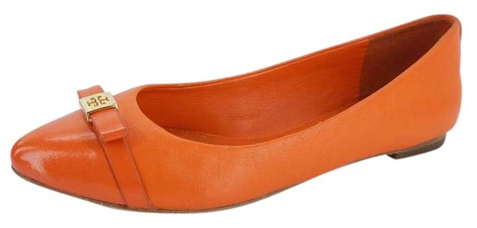 Pointy Orange Logo - Tory Burch Orange Leather Hugo Pointy Logo Bow Toe Ballet Flats Size ...