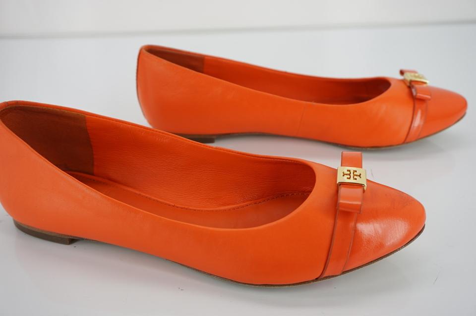 Pointy Orange Logo - Tory Burch Orange Leather Hugo Pointy Logo Bow Toe Ballet Flats Size