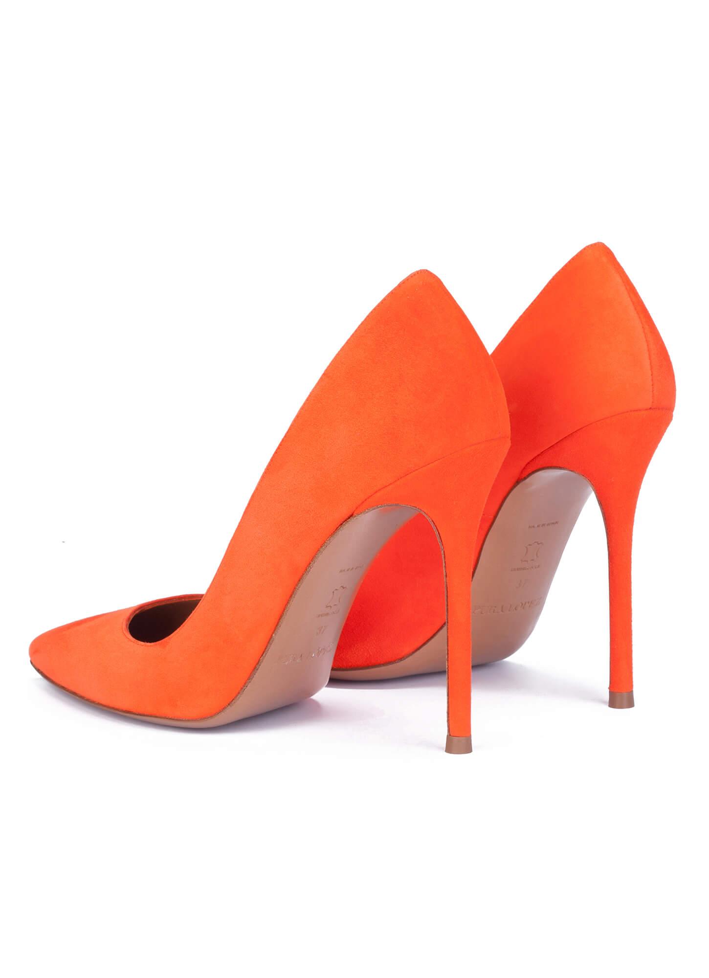 Pointy Orange Logo - Orange suede stiletto pumps - online shoe store Pura Lopez . PURA LOPEZ