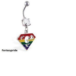 Rainbow Superman Logo - Gay Pride Navel ring with dangling rainbow superman symbol with 