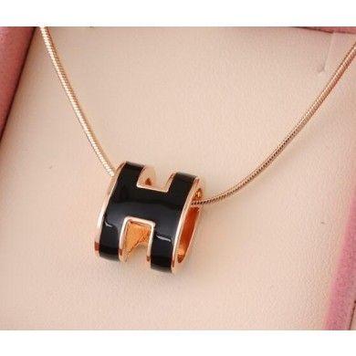 Gold H Logo - Hermes 3D H logo Snake Bone Necklace, Black & Pink Gold Charm