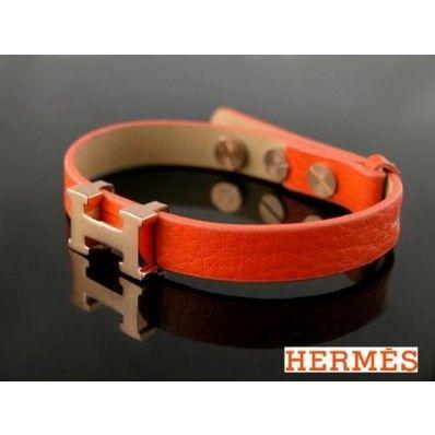 Gold H Logo - Hermes Orange Leather With Pink Gold H Logo Charm Bracelet