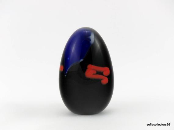 Red and White Oval Egg-Shaped Logo - MSH Art Glass Egg Shaped Paperweight Cobalt w Red Blue White