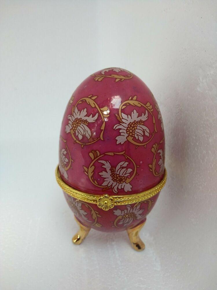 Red and White Oval Egg-Shaped Logo - Porcelain hinged pink egg shaped trinket box with gold foliage