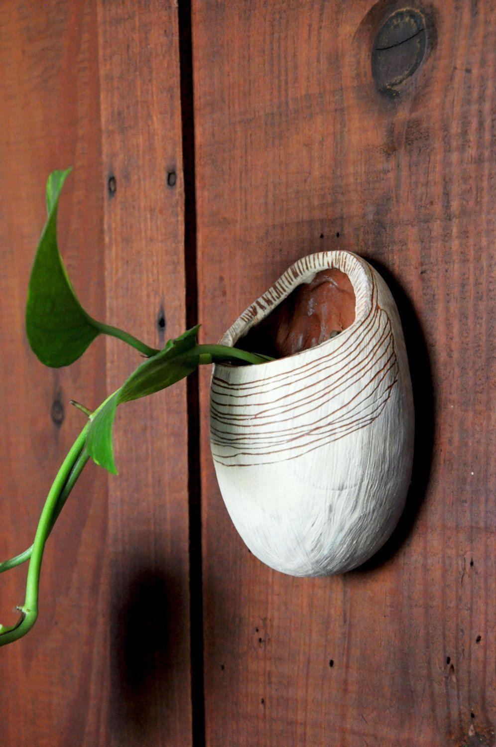 Red and White Oval Egg-Shaped Logo - Hand Carved Egg-Shaped Wall Planter // Red and White Stoneware Wall ...