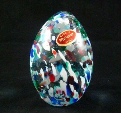 Red and White Oval Egg-Shaped Logo - Vintage Murano Art Glass Egg Shaped White Blue Red Paperweight. Mid