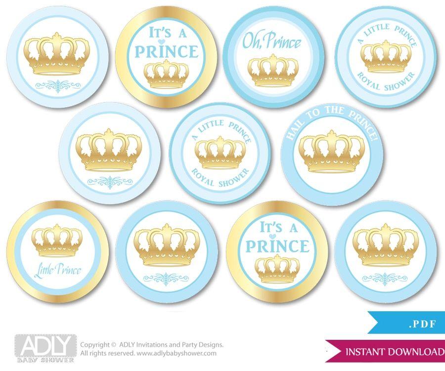 Blue Gold Circle Logo - Baby Shower Blue Gold Prince Cupcake Toppers Printable File