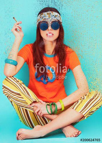 Hippie Smoking Logo - Beautiful hippy girl portrait sitting and smoking weed, dispersion ...