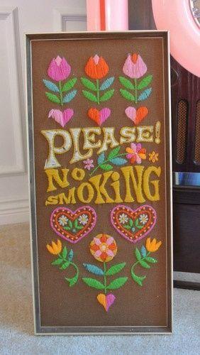 Hippie Smoking Logo - Vintage Mod Retro Handmade Yarn No Smoking Sign Wall Art Hippie ...