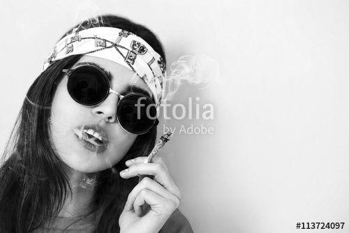 Hippie Smoking Logo - Hippie girl portrait smoking and wearing sunglasses