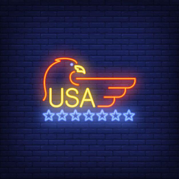 Light Blue Eagle Logo - Usa and eagle symbol with stars on brick background. neon style ...