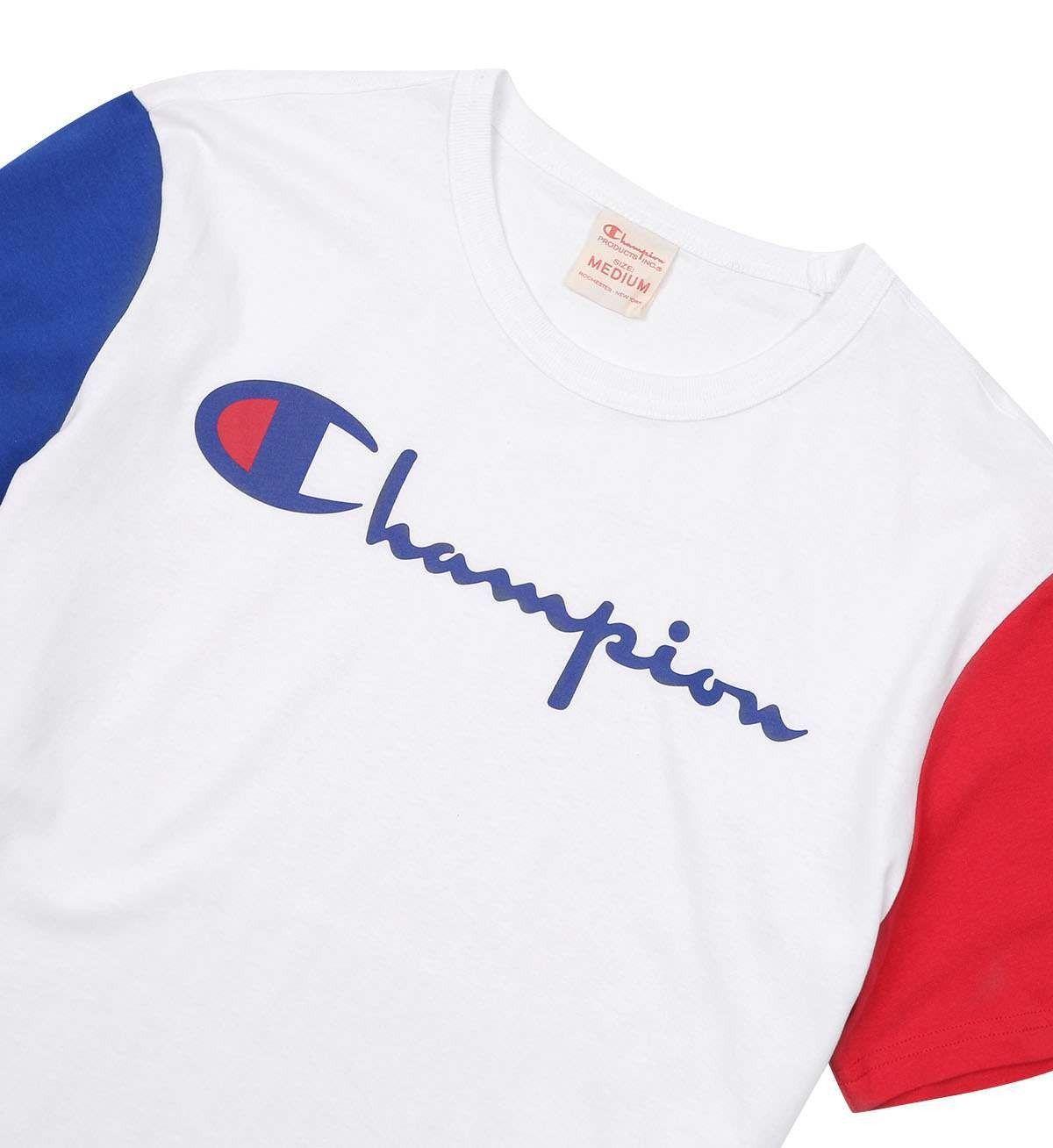 What Are Red Blue and White Logo - Champion Reverse Weave Logo T Shirt White / Red / Blue | 5Pointz