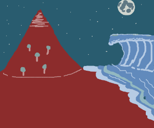 Wave and Red Mountain Logo - Waves hit big red mountain at night drawing by Lavaburrower ...