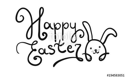 Happy Easter Black and White Logo - Black handwritten Happy Easter logotype with cute rabbit. Funny ...