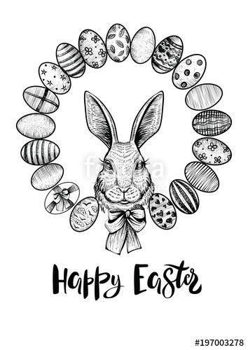 Happy Easter Black and White Logo - Easter wreath with eggs and head of a hare with bow. Happy Easter ...