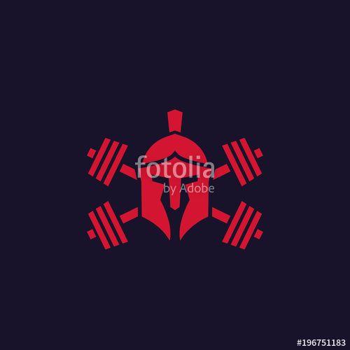 Spartan Barbell Logo - Gym logo with spartan helmet and barbells Stock image and royalty