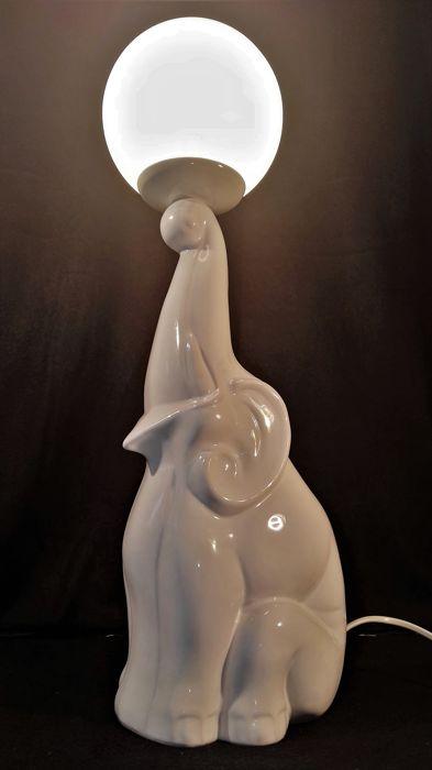 White Elephant and Globe Logo - Large vintage white elephant table lamp with milk glass globe